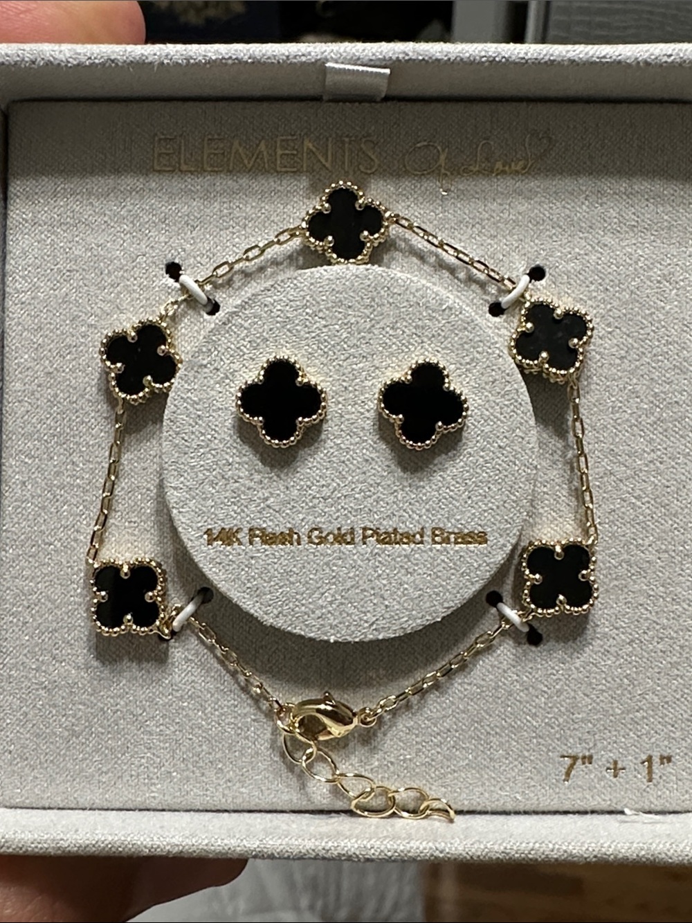 Gold and Black Clover Bracelet with Matching Stud Earrings